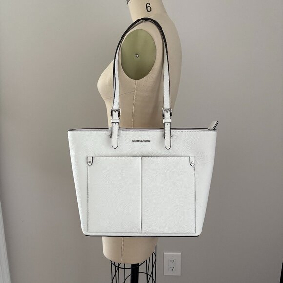 Michael Kors Jet Set Travel Medium Double Pocket Tote Optic White MSRP $498 NWT - Picture 1 of 9